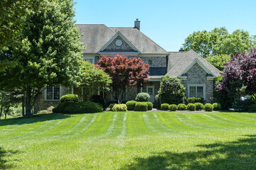 House in the suburbs. Gorgeous landscape with a single family house with a lawn