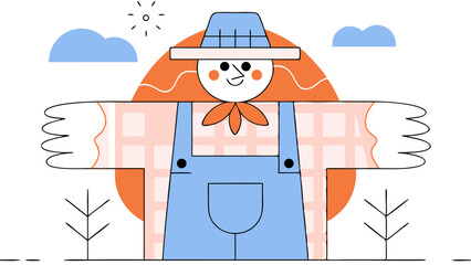 Friendly Scarecrow in a Gingham Shirt and Overalls