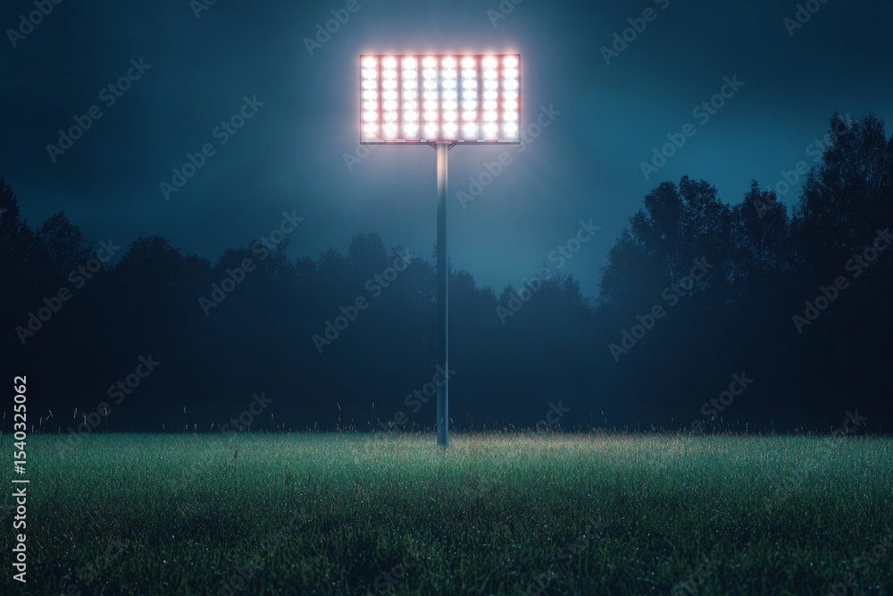 Poster powerful stadium lights shining on an empty field at night, creating a dramatic and atmospheric scen