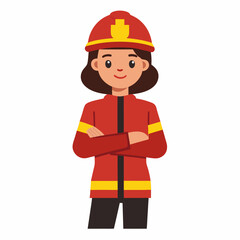 Flat vector character of a South American female firefighter wearing full uniform and helmet, standing confidently with arms crossed, flat design, white background