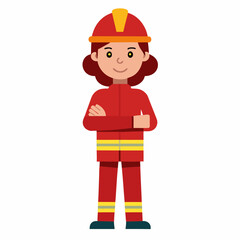 Flat vector character of a South American female firefighter wearing full uniform and helmet, standing confidently with arms crossed, flat design, white background