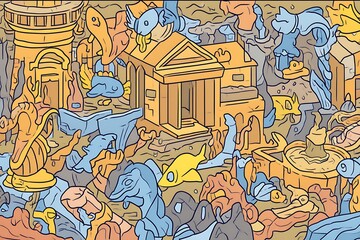 Obraz premium Cartoon ancient ruins with aquatic animals