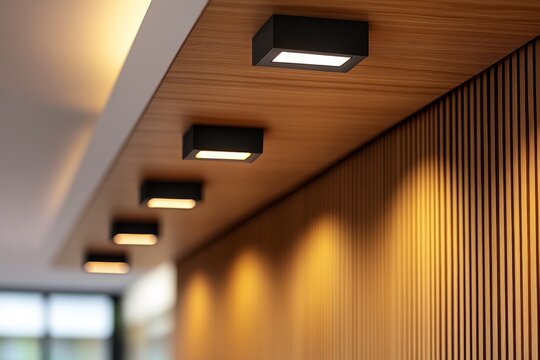 Row of modern led ceiling lights illuminating a textured wooden wall, creating a warm and inviting atmosphere in a contemporary interior design