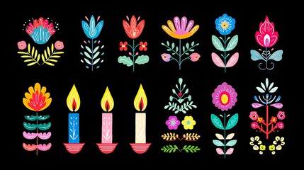 Colorful floral and candle decorative elements
