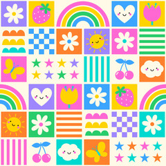 Colorful cute natural elements seamless square pattern design background.