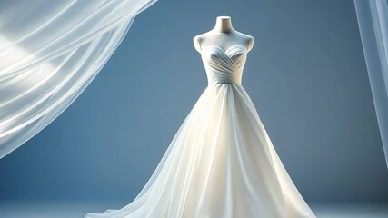 Elegant Bridal Gown: A captivating image of a sophisticated wedding dress, beautifully displayed on a mannequin, with delicate tulle flowing gracefully, symbolizing romance and elegance. 