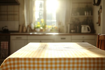 Fototapeta premium Checkered tablecloth covering kitchen table illuminated by morning sunlight streaming through window in blurred cozy kitchen