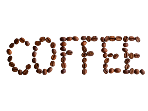 Coffee word written with coffee beans, isolated on white background