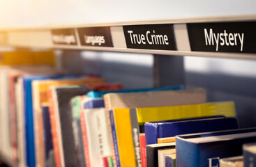 True crime and mystery books stacked on fiction shelf under categories. Reading library or...