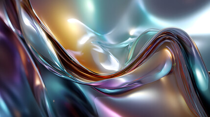 Ethereal glowing surface with abstract holographic glossy shades and smooth flowing textures, creating a surreal, dynamic scene with radiant, luminous accents.