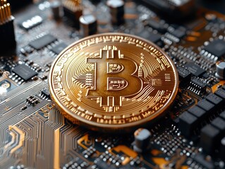Close-up of a gold-colored cryptocurrency coin resting on a circuit board, showcasing intricate details of both the coin and the electronic components