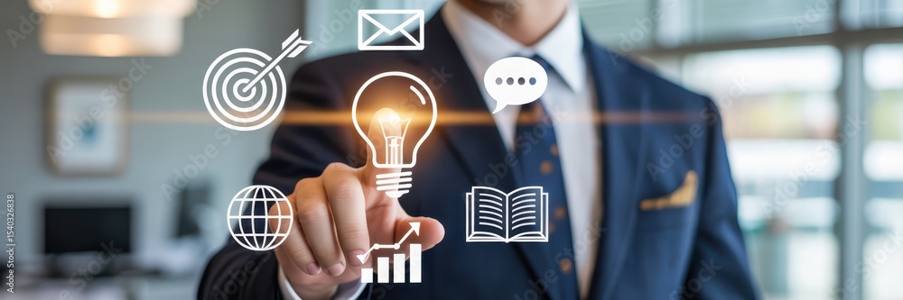 Aufkleber a businessperson interacts with digital icons representing key concepts.
