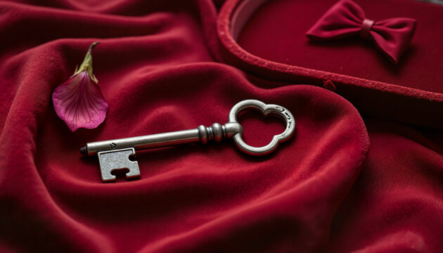 Vintage key on red velvet fabric with rose petal and box  
