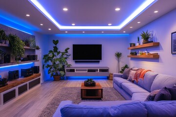 Relaxing atmosphere in a contemporary living room illuminated by blue ambient lighting, showcasing a home entertainment setup