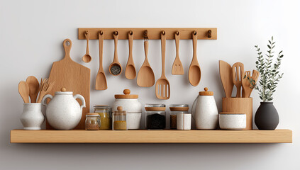 Minimalist Scandinavian Kitchen Shelf with Wooden Utensils and Ceramic Containers in Cozy Home Interior Still Life

