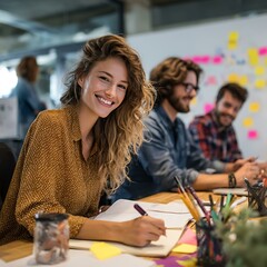 Creative startup team working in colorful modern office