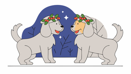 Two Dogs Wearing Holly Wreaths