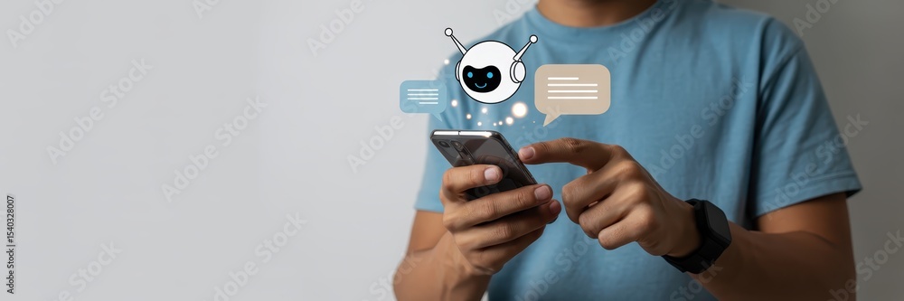 Poster person using a mobile phone with a chatbot interface.
