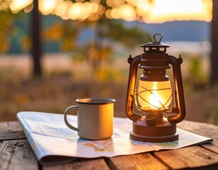 Camp lantern, mug, map at sunset