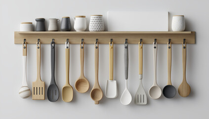 Minimalist Scandinavian Kitchen Shelf with Wooden Utensils and Ceramic Containers in Cozy Home Interior Still Life

