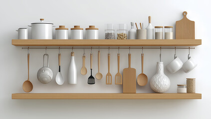 Minimalist Scandinavian Kitchen Shelf with Wooden Utensils and Ceramic Containers in Cozy Home Interior Still Life

