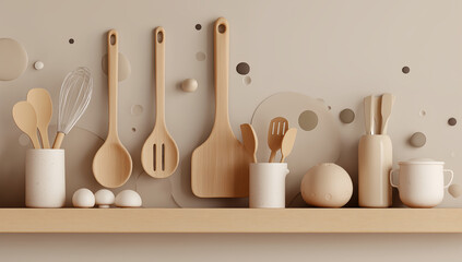 Minimalist Scandinavian Kitchen Shelf with Wooden Utensils and Ceramic Containers in Cozy Home Interior Still Life

