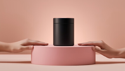 Luxury Black Cosmetic Jar on Soft Pink Silk Fabric in Elegant Skincare Product Still Life Photography

