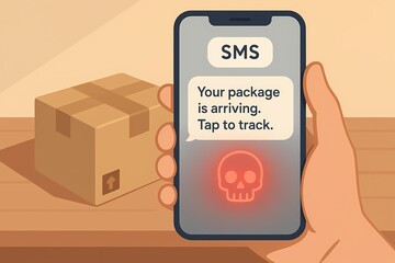 A smartphone shows a fake delivery tracking SMS with a red skull icon, representing a smishing scam. A cardboard package is in the background. Flat editorial vector style.