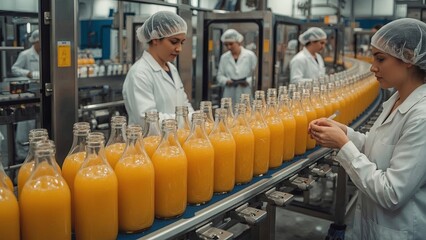 Industrial orange juice production process at modern factories, featuring automated machinery, fresh citrus fruits, conveyor belts, extraction, bottling, packaging, and mass beverage manufacturing