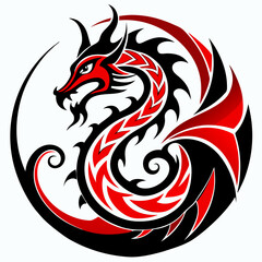 Red vintage tribal dragon tattoo design with fiery floral elements and swirling patterns