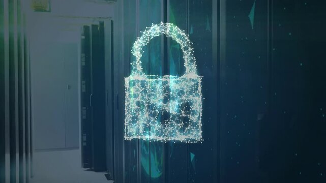 Particles emerging from server racks forming cloud morphing into lock then shield for data security