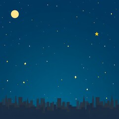 City skyline at night with stars and moon