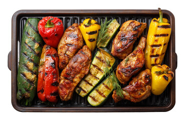  Mixed meats and vegetables on rectangular grill isolated white