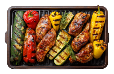  Mixed meats and vegetables on rectangular grill isolated white