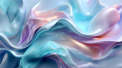 Obraz premium Flowing glowing pastel holographic colors in blue, pink, and mint with realistic textures and soft shimmering reflections, creating a serene atmosphere.