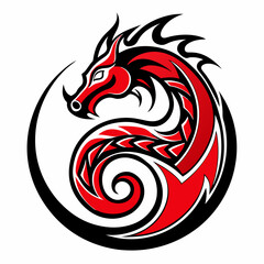 Elegant tribal dragon tattoo illustration, a black and fire swirl vector design with floral elements