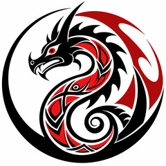 Red dragon tattoo design vector with tribal style black swirl animal art and floral elements