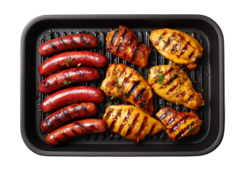 Black rectangular grill grate with colorful meats isolated white