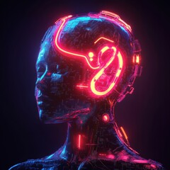 Humanoid Cybernetic Head with Circuitry and Glowing Neon Accents on Dark Background