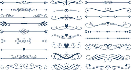 Collection of decorative dividers and flourishes with hearts and floral elements in a vector format