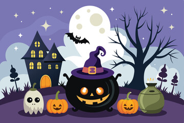 A whimsical Halloween scene featuring a friendly witch's cauldron, decorated pumpkins, a spooky ghost, a haunted house, and a full moon.