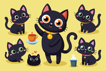 Fototapeta premium A collection of five adorable cartoon black cats in different poses.