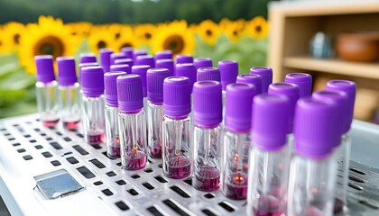 Purple Test Tubes In Rows With Plant Background