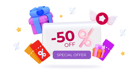 3d special offer 3D Gift coupons for sale Discounts for online shopping Promo codes Gift certificates Holiday sale concept