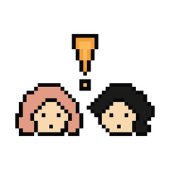Obraz premium Cute pixel cartoon character woman notice with exclamation mark decoration 8 bit female girl lady surprise idea exclamation alert cartoon pixel game 8bit png vector.