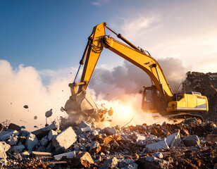 A construction crane dropping materials onto the ground, bending metal and smashing concrete blocks.