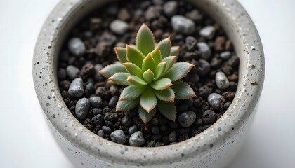 Macro image of a modern concrete planter with a small succulent, white background, clean aesthetic