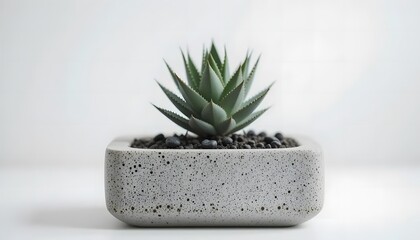 Macro image of a modern concrete planter with a small succulent, white background, clean aesthetic