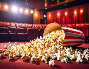 A spilled bag of popcorn scattered across a movie theater floor, depicting a minor, messy entertainment interruption.