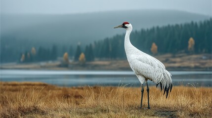 Majestic crane standing tall amidst autumnal scenery.
